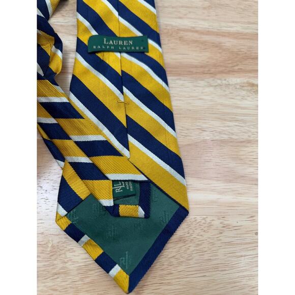 Lauren Ralph Lauren Gold Silk Men's Hand Finished with Tie Silver & Blue Stripes - Picture 3 of 4